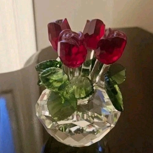Crystal Red Rose Boquet Figurine H&D Hyaline Dora Free Standing In Box