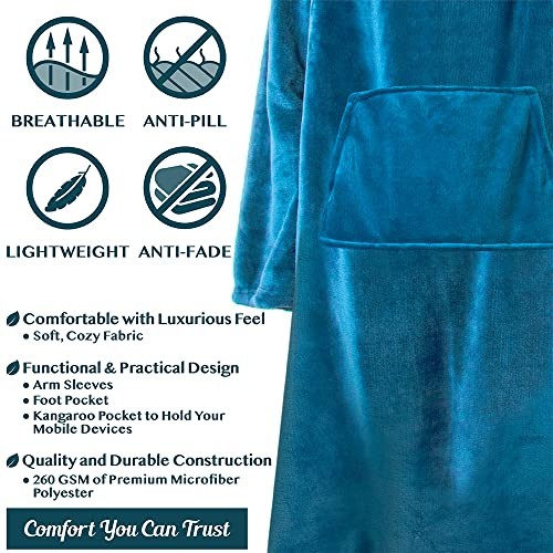 Blanket with Sleeves, Foot Pockets for Women Men Adults, Plush Fleece Sea Blue