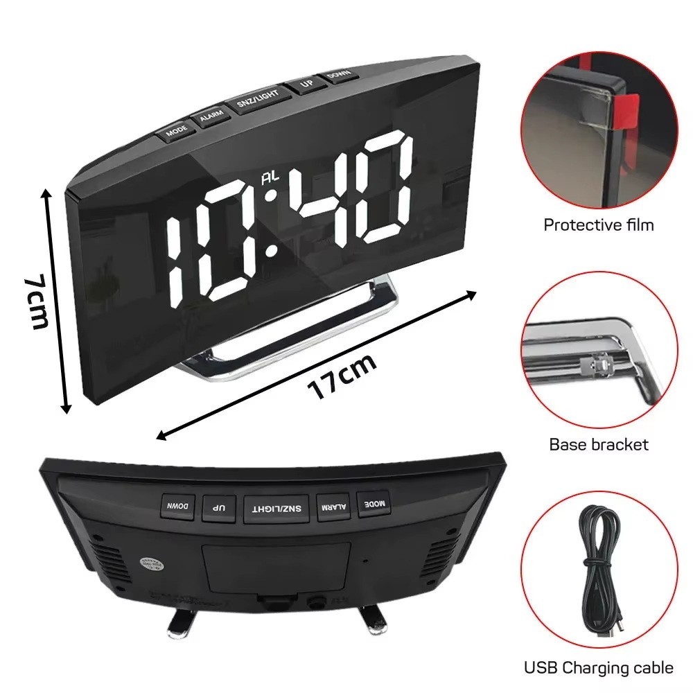 Electronic White Alarm Clock Noiseless Design Digital LED Large Display Mirror