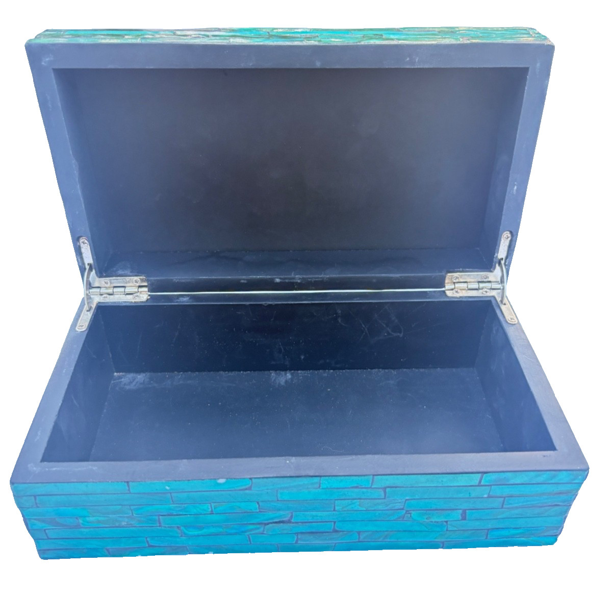 Turquoise Teal Shell Mosaic Jewelry Box Hinged Trinket Keepsake Coastal Decor