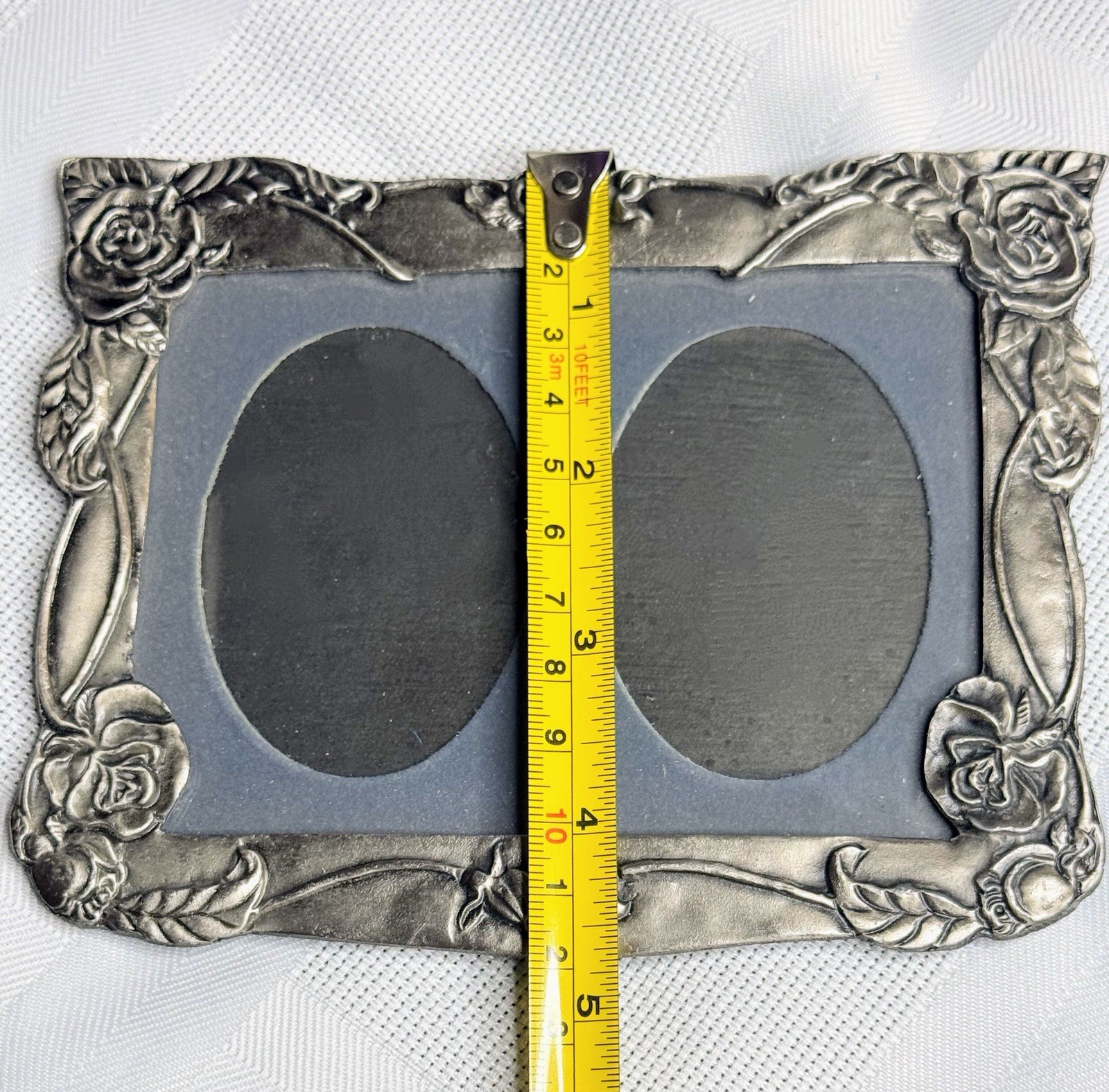 Pewter Double Picture Frame Art Nouveau Cottage Rose Floral Raised Design A3-5