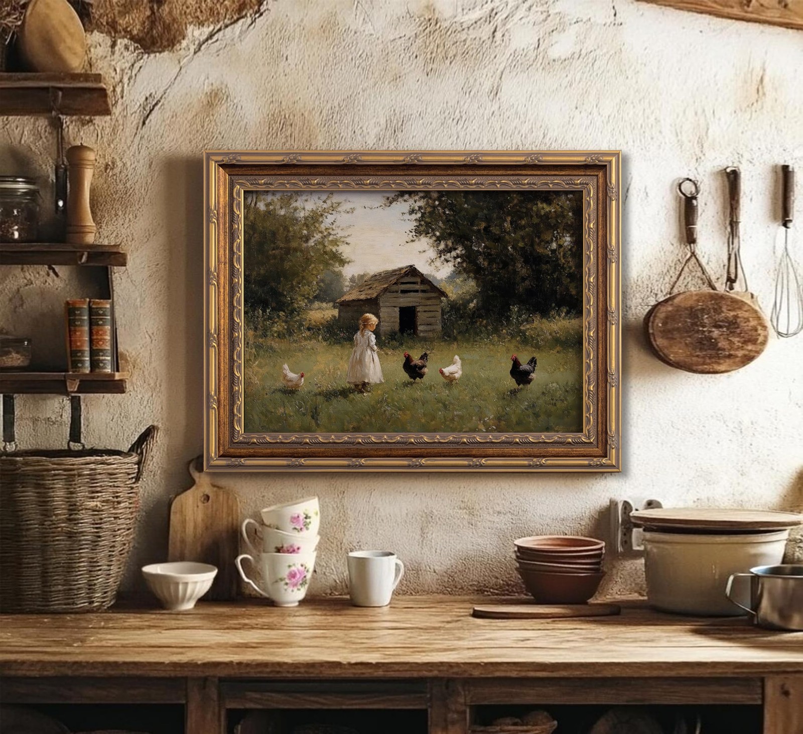 Vintage Gold Framed Farmhouse Chicken Wall Art Retro Country Farm Girl and Ch…
