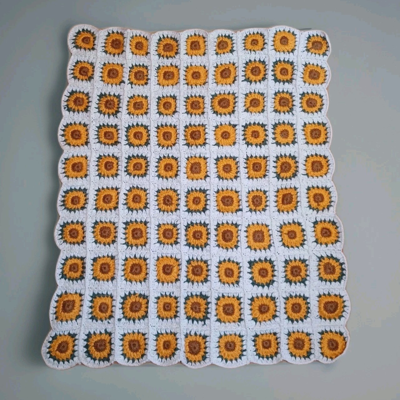 Sunflower Granny Square Crochet Throw Afghan 58×48 White Floral Garden Summer