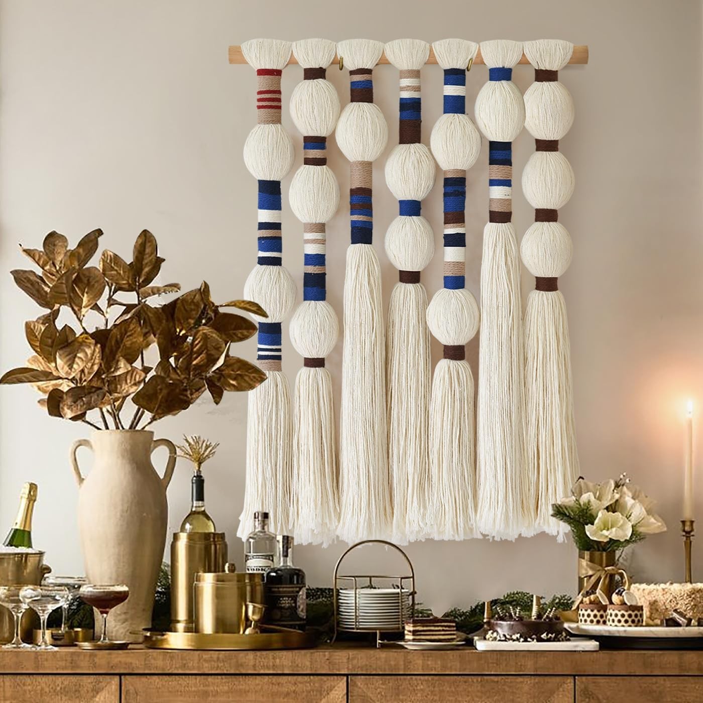 Blue Macrame Wall Hanging, Boho Cotton Yarn Decor, Handmade Knotted Art,