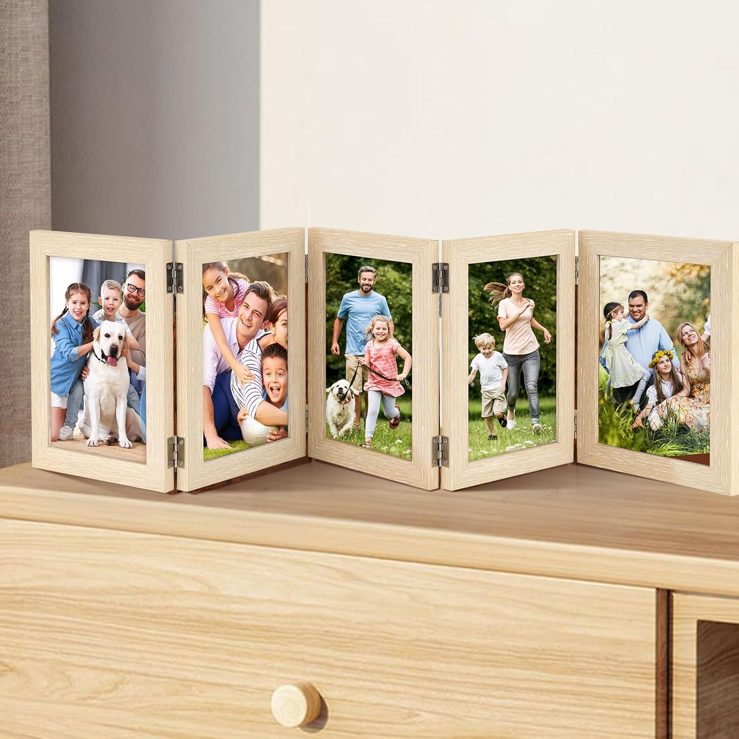 5 Folding Hinged Picture Frame 5×7 Inches Natural Wood Foldable Photo Frame with