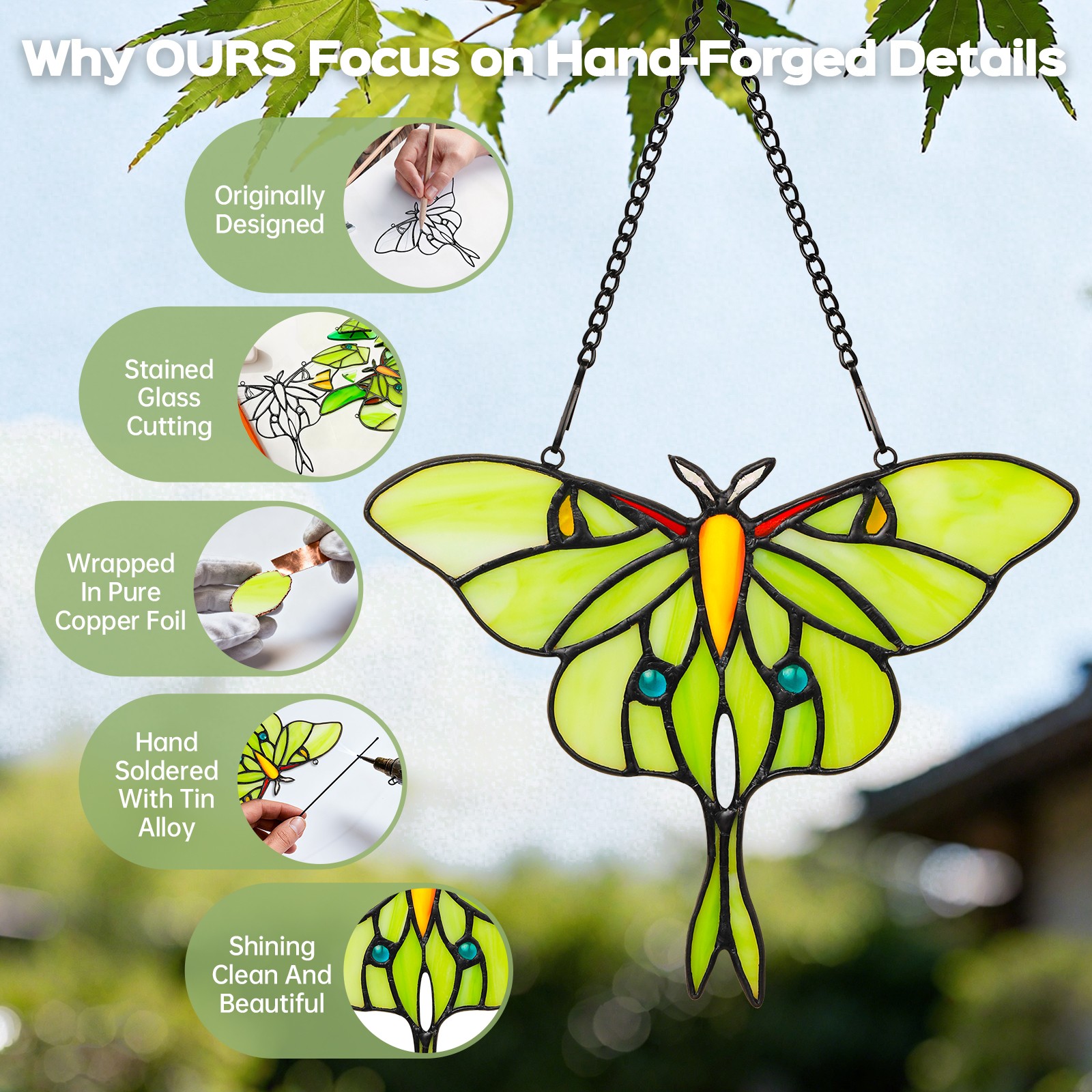 Pearl painted glass green butterfly light catcher hanging decoration for outdoor