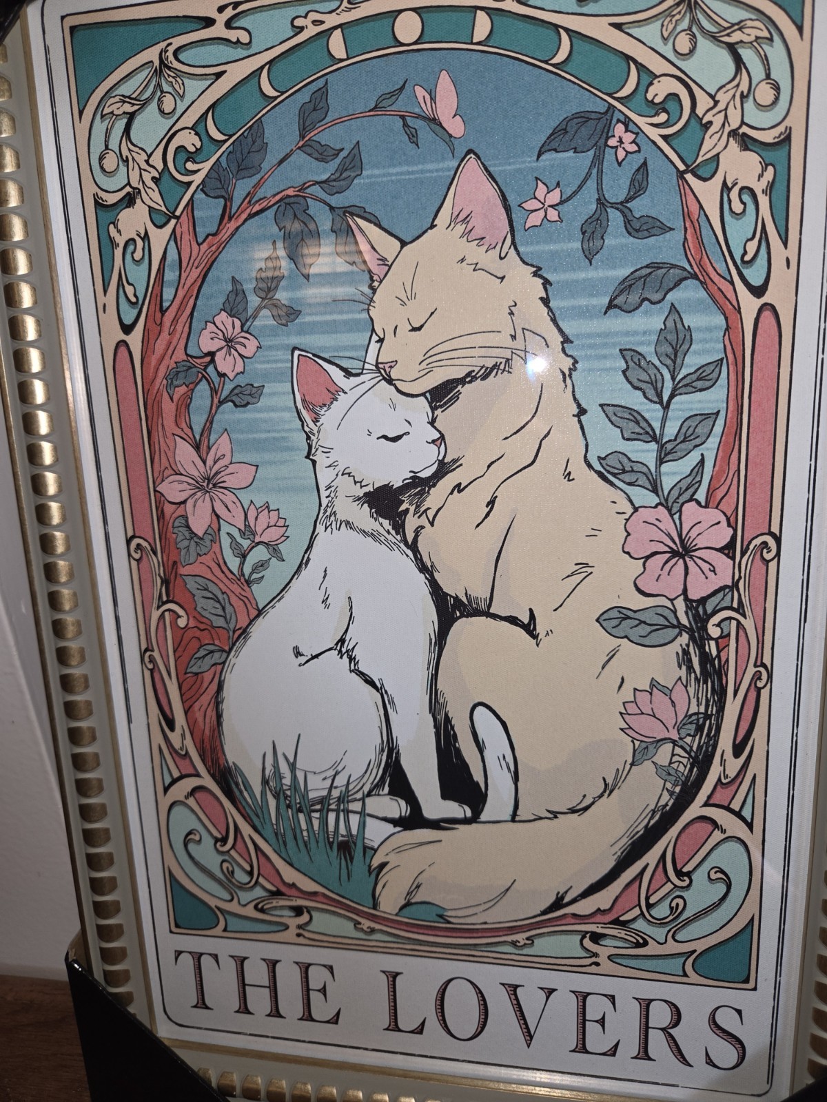 Sapna Shah Framed Wall Art Tarot Cats “The Lovers” Decor 18″ x 12″ Art Nouveau