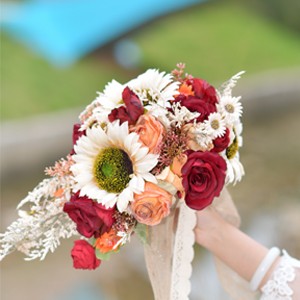 9.8 Inch Vintage Sunflower Wedding Bouquets for Bride, Artificial Burgundy