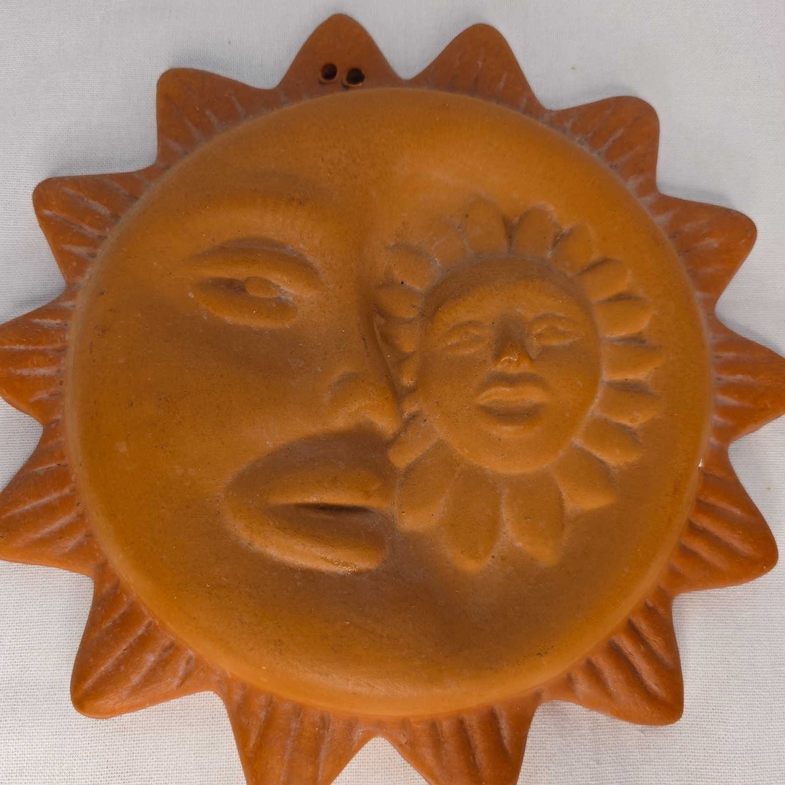 Terracotta Moon/ Sun Face Clay Handmade Sculpture Hanging Wall Art Home Decor 9″