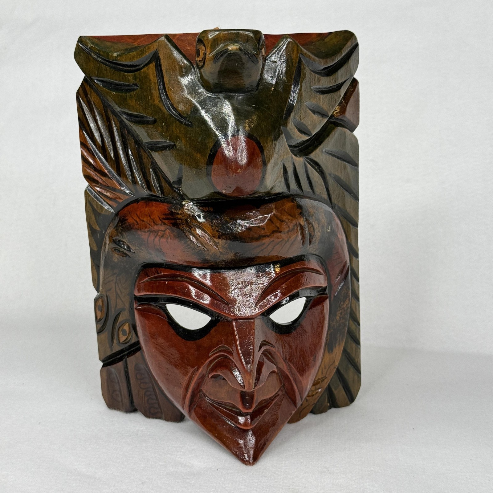 Brown Carved Wood Tribal Mask Bird Headdress Wall Hanging Ethnic Art Decor