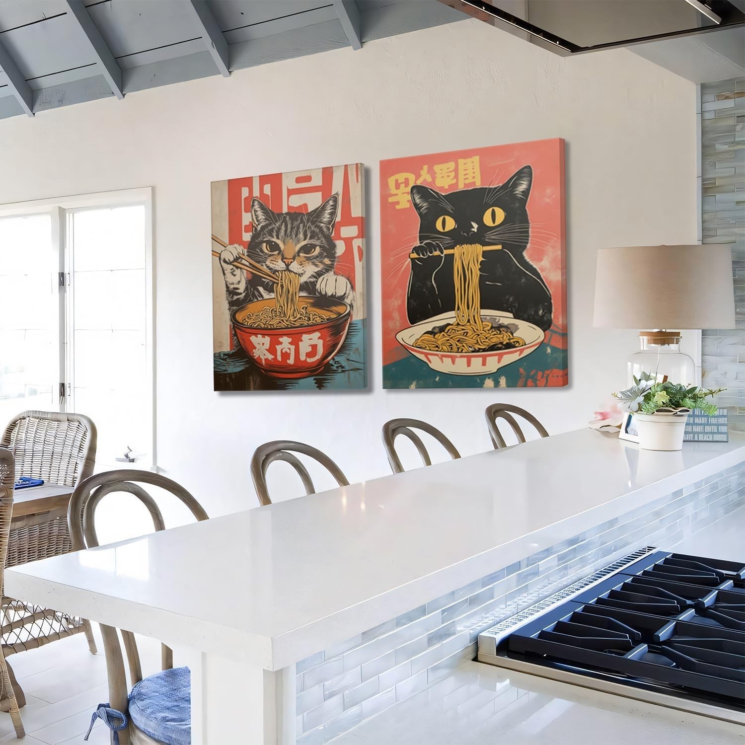 Whimsical Black Cat Eating Ramen Canvas Art Set of 2 – Unique Gift