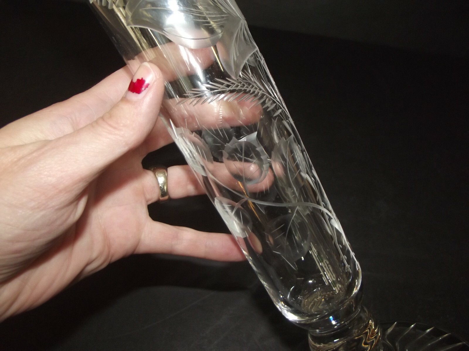 12″ footed Trumpet Flared VASE Art Glass leaded Crystal etched cut engraved Rose