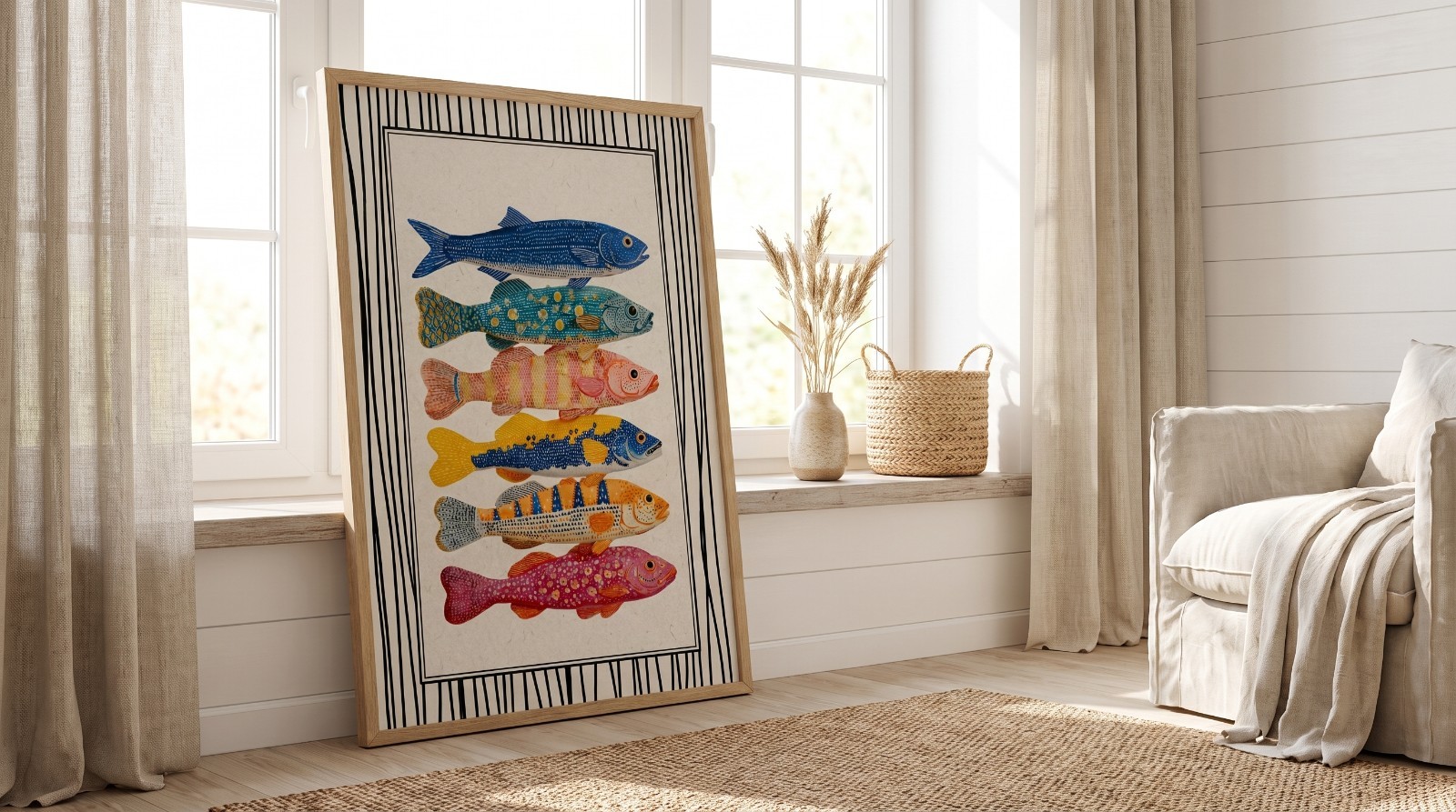 Japanese Fish Poster Folk Art Colorful Sea Life Kitchen Wall Decor Print