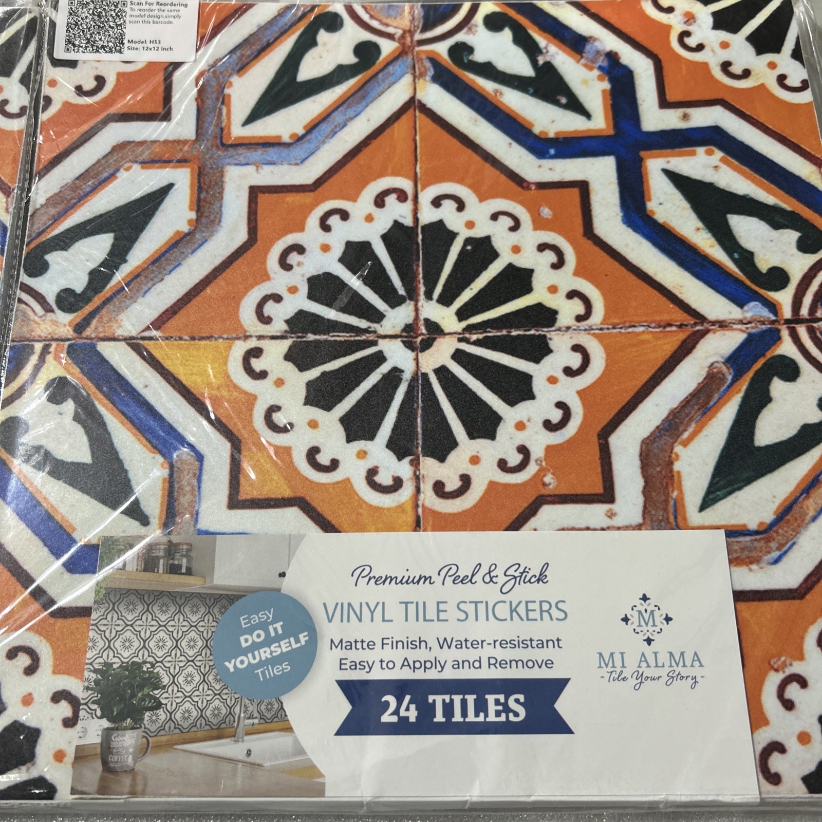 Mi Alma Blue /Orange Vinyl Tiles Stickers12in.x12in(96 Tiles)