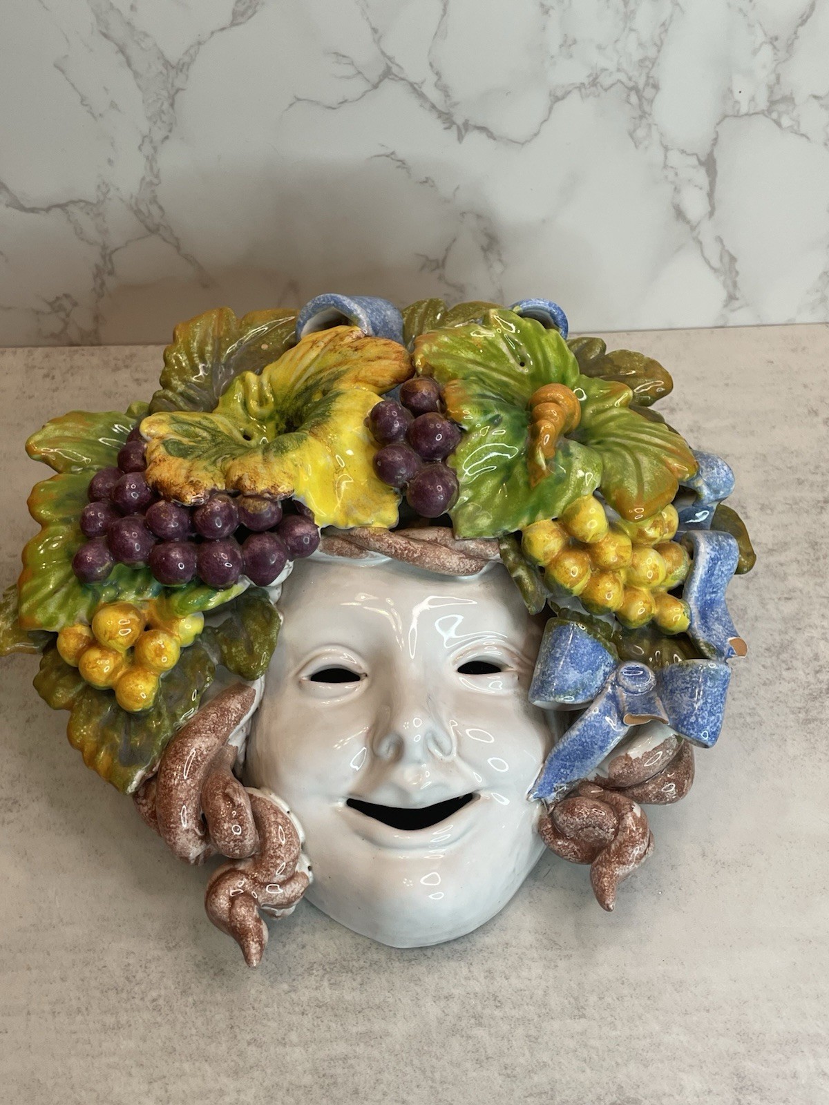 Vintage Italian Majolica Wall Mask | Harvest Grapes Ceramic Art Plaque