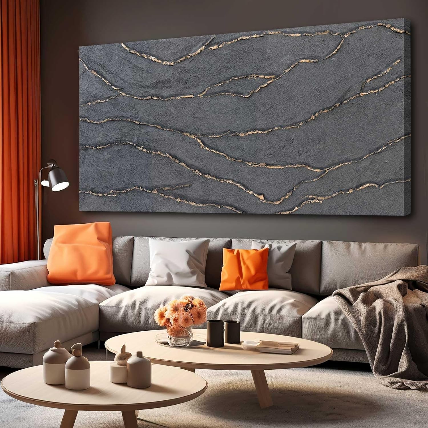 Elegant Hand-Painted Large Gold and Grey Textured Abstract Canvas Art 29″x58″