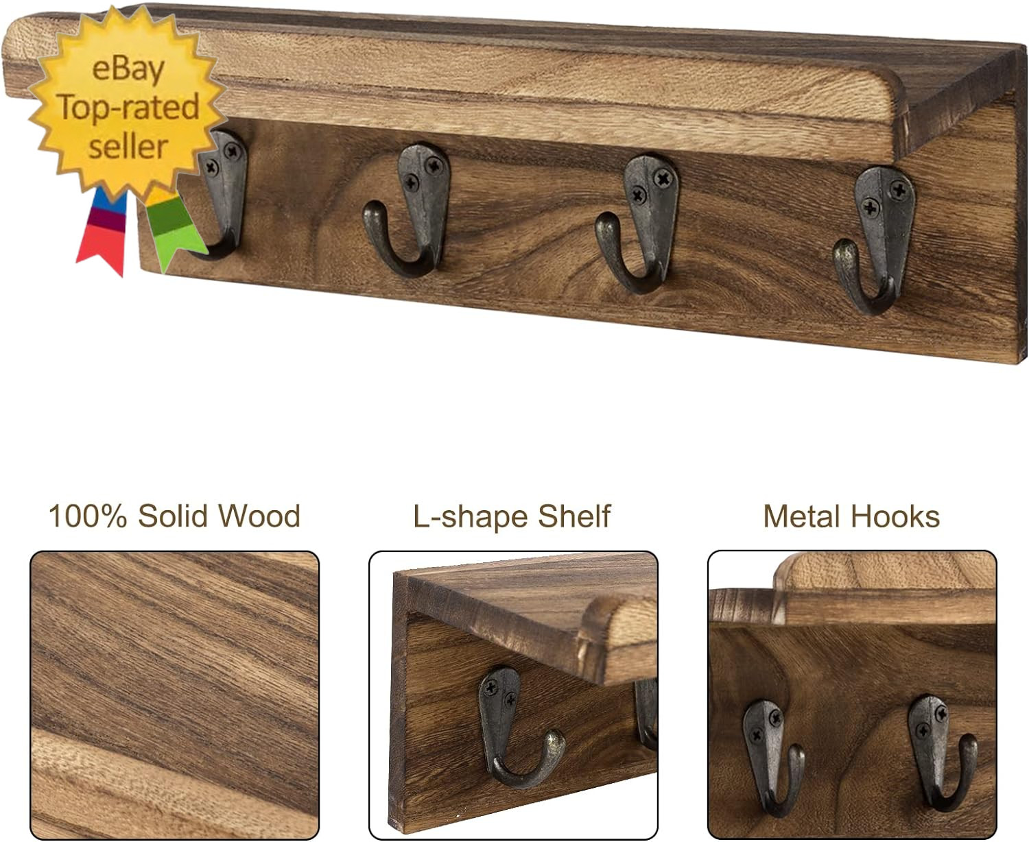 Rustic Key Holder for Wall, Farmhouse Wall Shelf with 4 Hooks, Wall Mounted Key