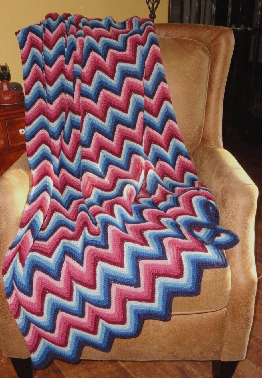 Crochet Knitted Afghan Blanket Throw ~ Blues & Mauves ~ Chevron Zig Zag Pattern