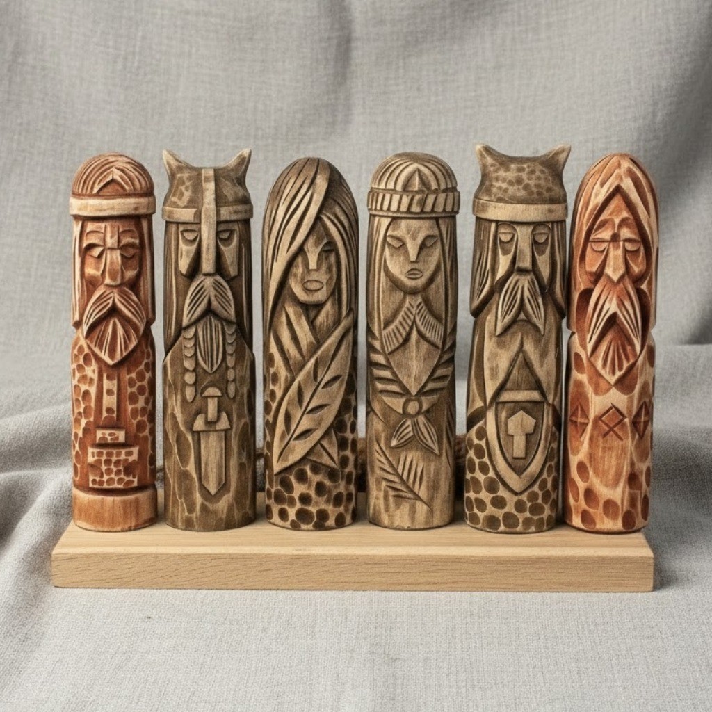 Set of 6 Norse Gods Wooden Sculptures Heathen Altar Decor, Odin, Freyja