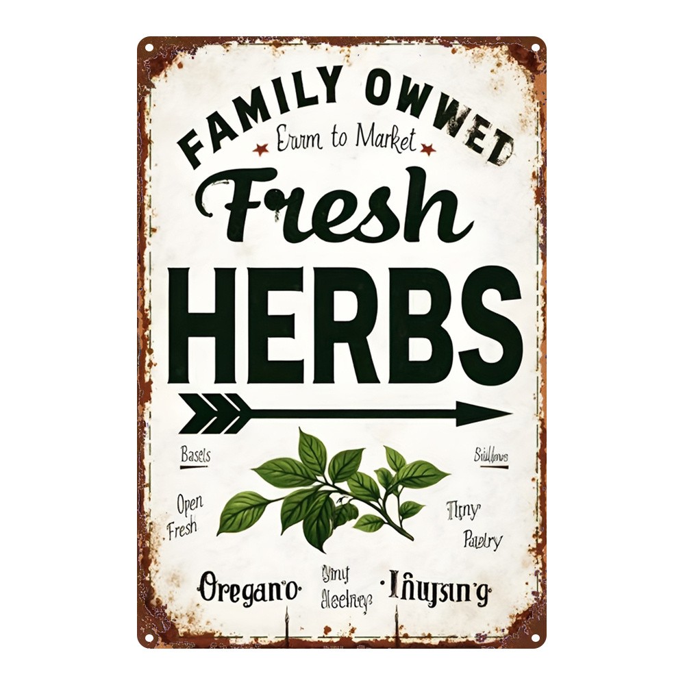 Vintage Fresh Herbs Metal Sign “Family Owned” Retro Farmhouse Kitchen Decor