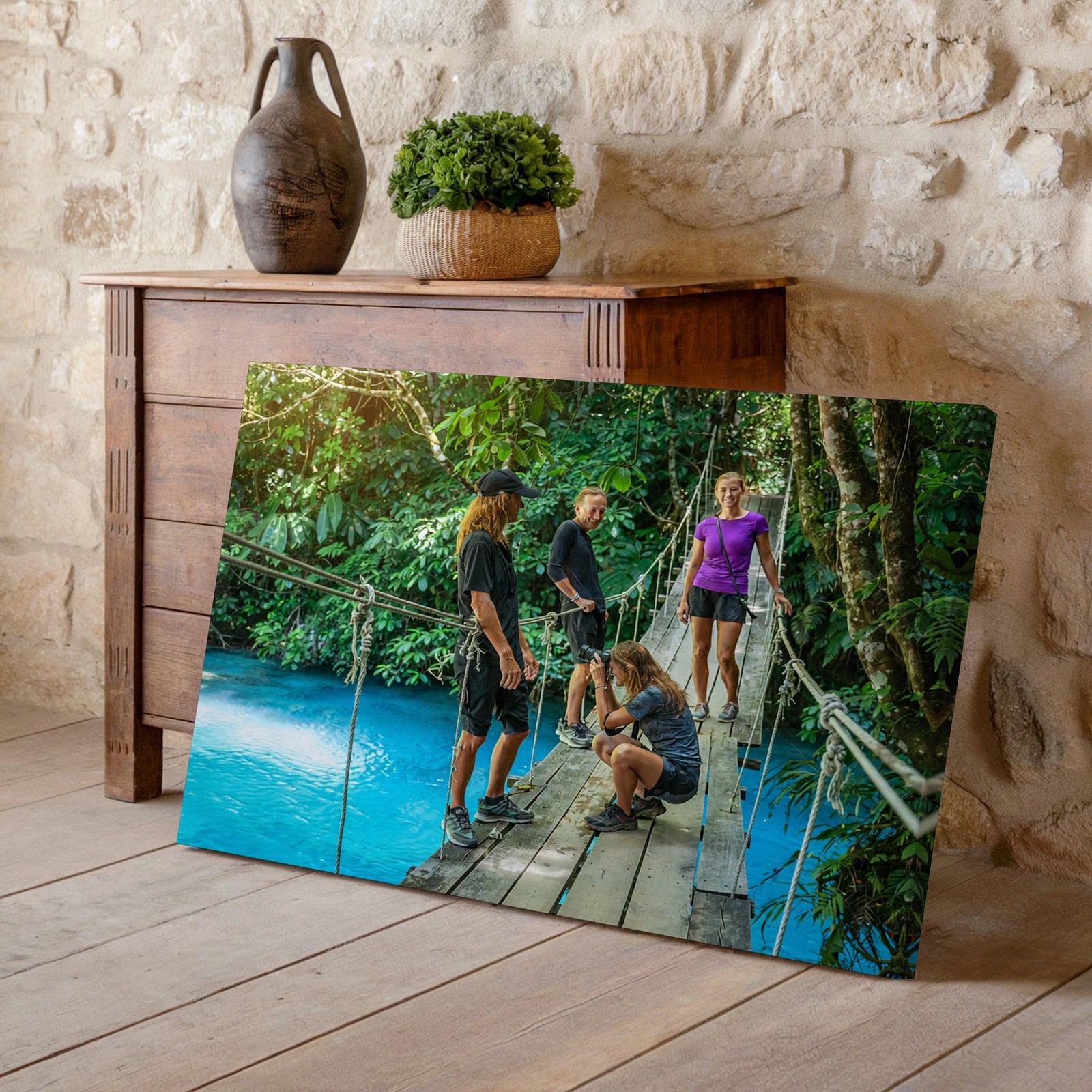 Adventure Nature Canvas Wall Art Crossing Wooden Bridge Over Blue River Print