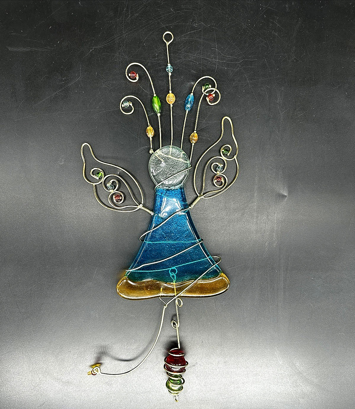 Hanging Fused Stained Glass Angel Wired Suncatcher Colorful Glass Beads 14.5″