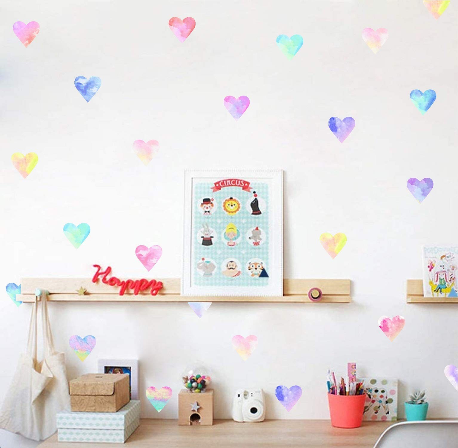Wall Decals Watercolor Hearts Wall Stickers Heart Wall Decals for Girls Bedroom