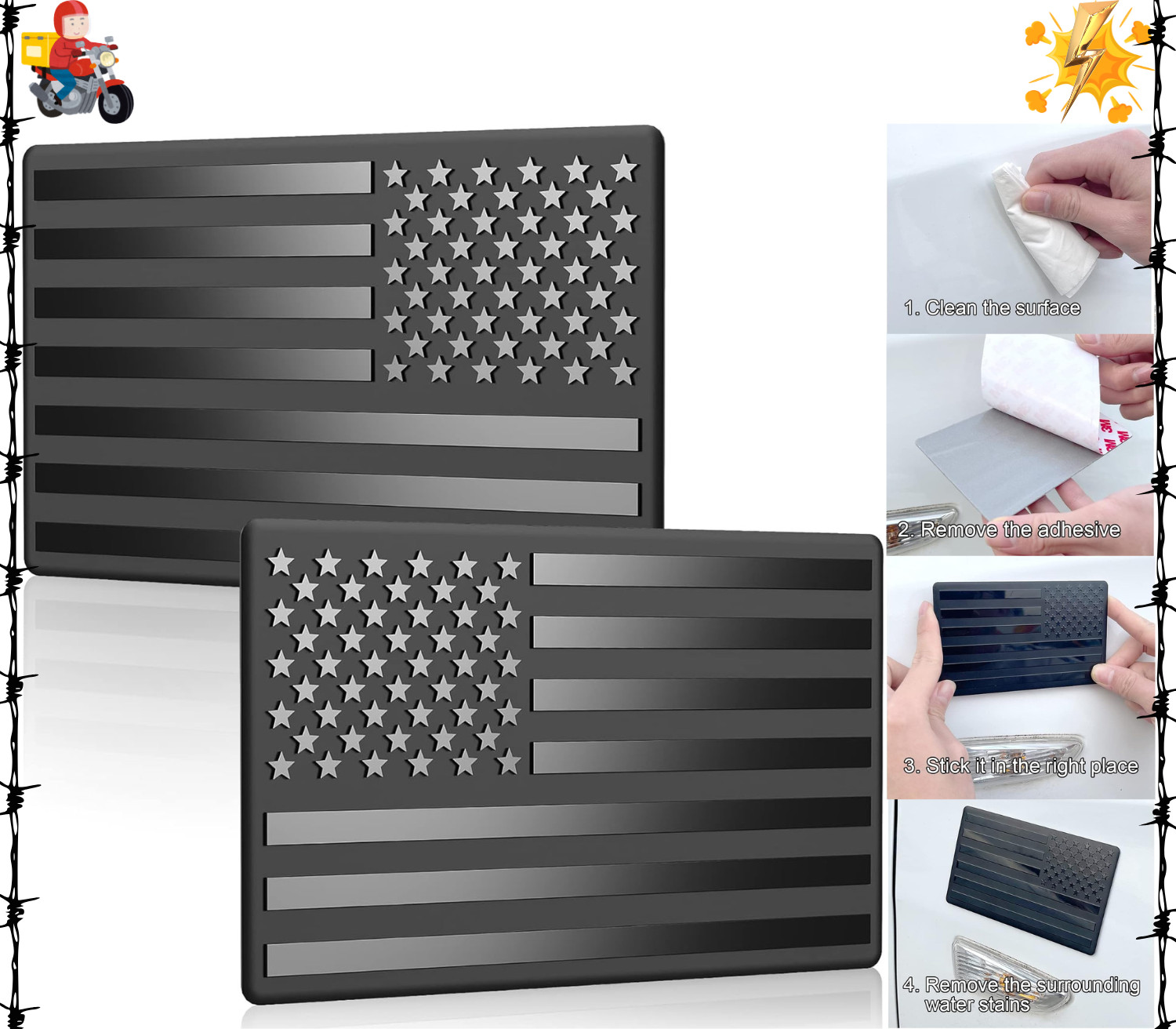 2 Pack Car American Flag Sticker, Black 3D US Decal for Vehicles, 5″X 3″ Small U
