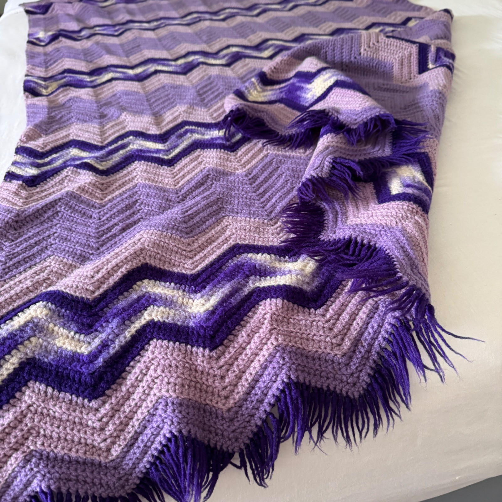 Vintage Handmade Crochet Purple Chevron Ripple Afghan Throw Blanket with Fringe