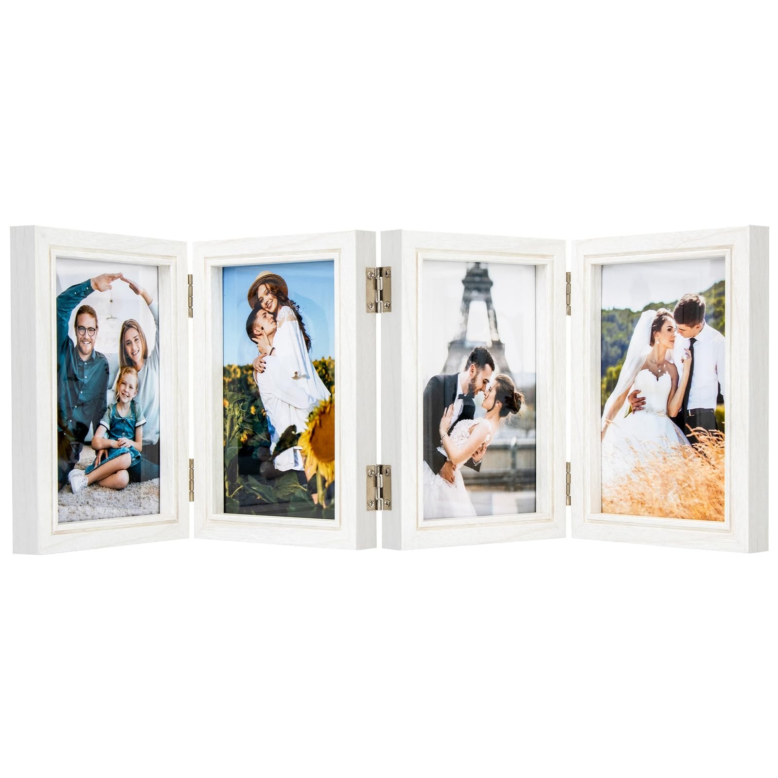 4×6 Inch Four Picture Frame 4 Hinged Foldable Natural Wood Collage White