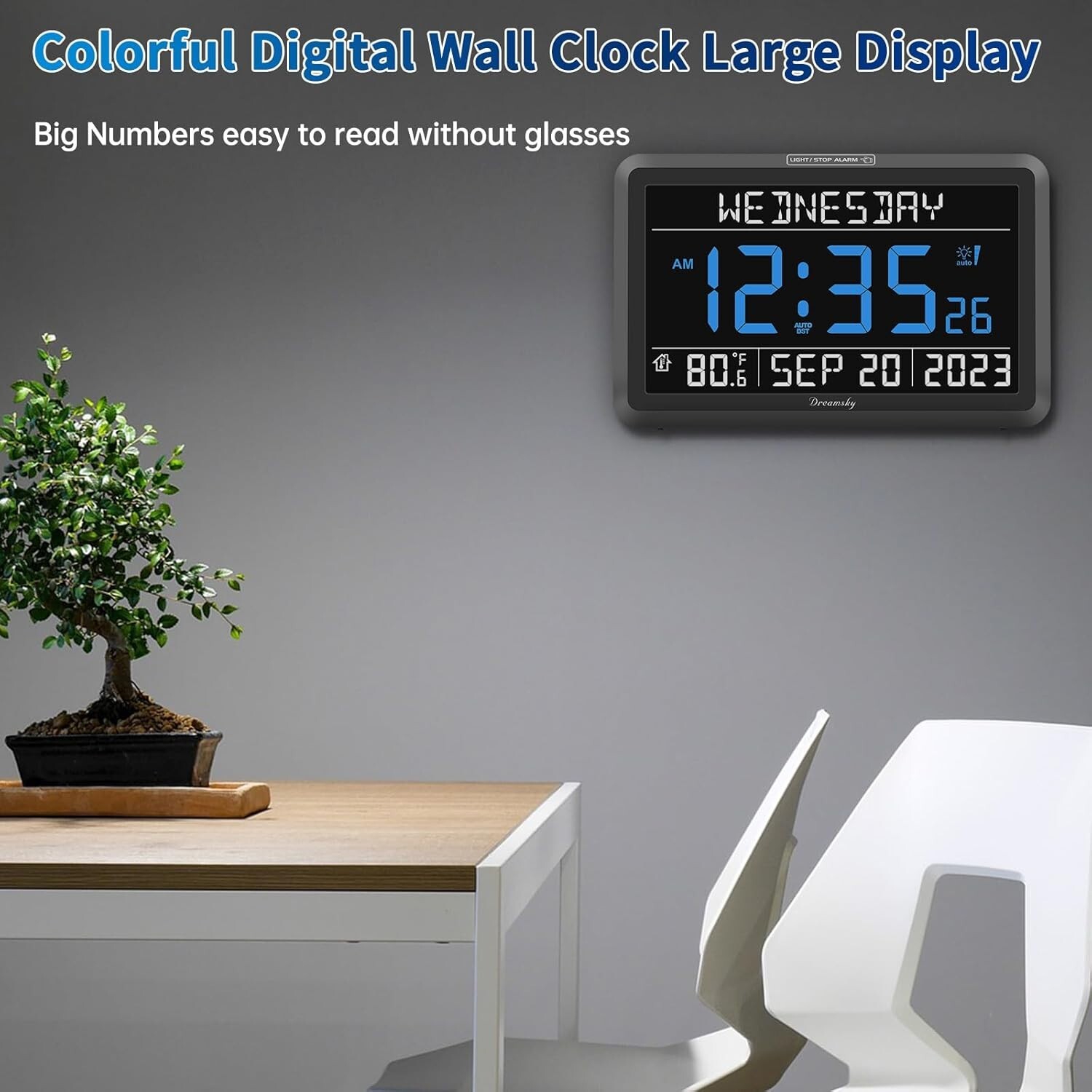 Digital Clock with Date and Day of Week for Seniors – Colorful Large Display