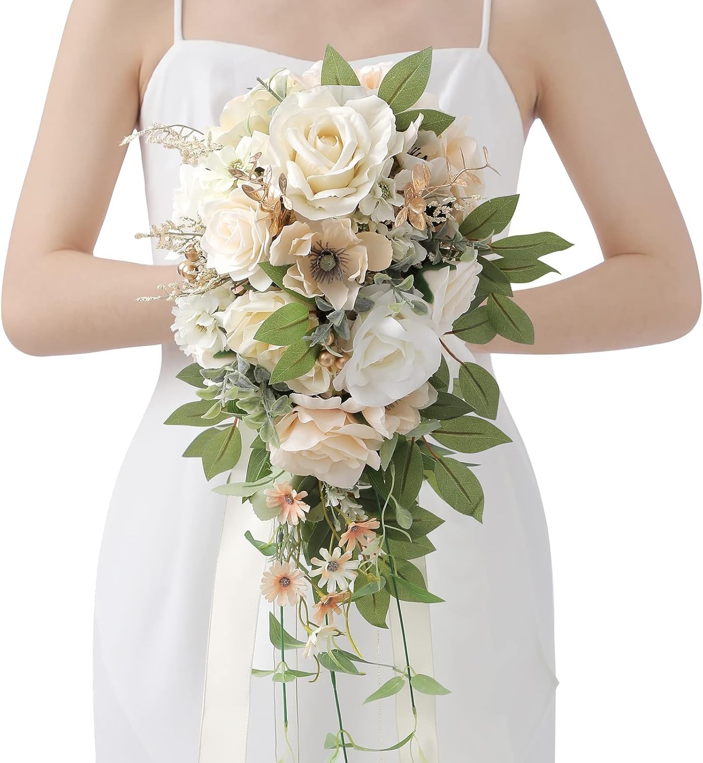 9.8 Inch Wedding Bouquets for Bride Bridesmaid, Champagne Rose Bridal Bouquets