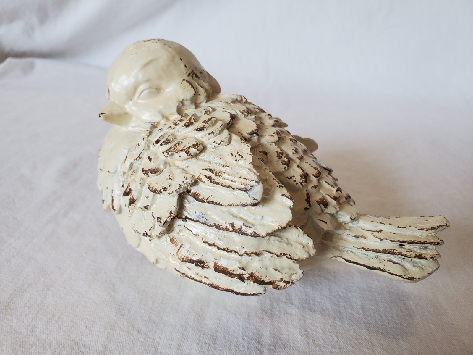 Resting Bird Statue Shabby Chic Distressed Ivory-Colored Resin Matte