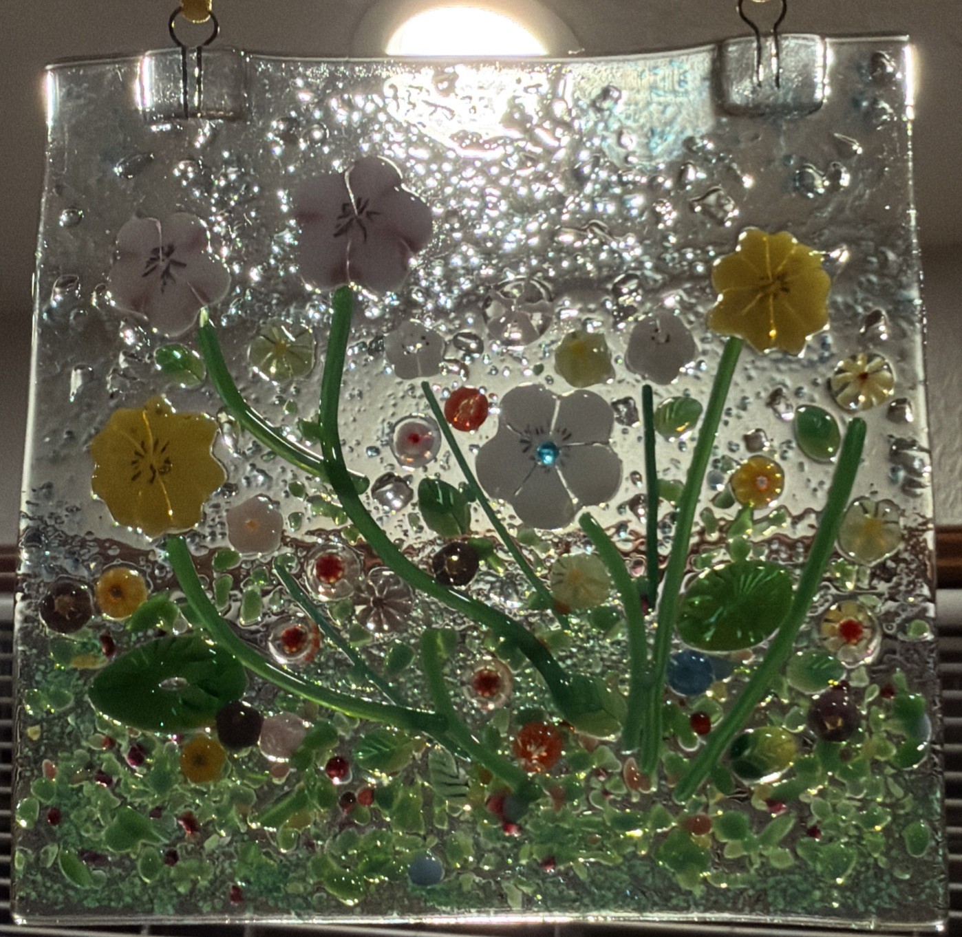 Fused Glass Handmade Square 4”x 4” Multicolor Sun Catcher Signed By Artist