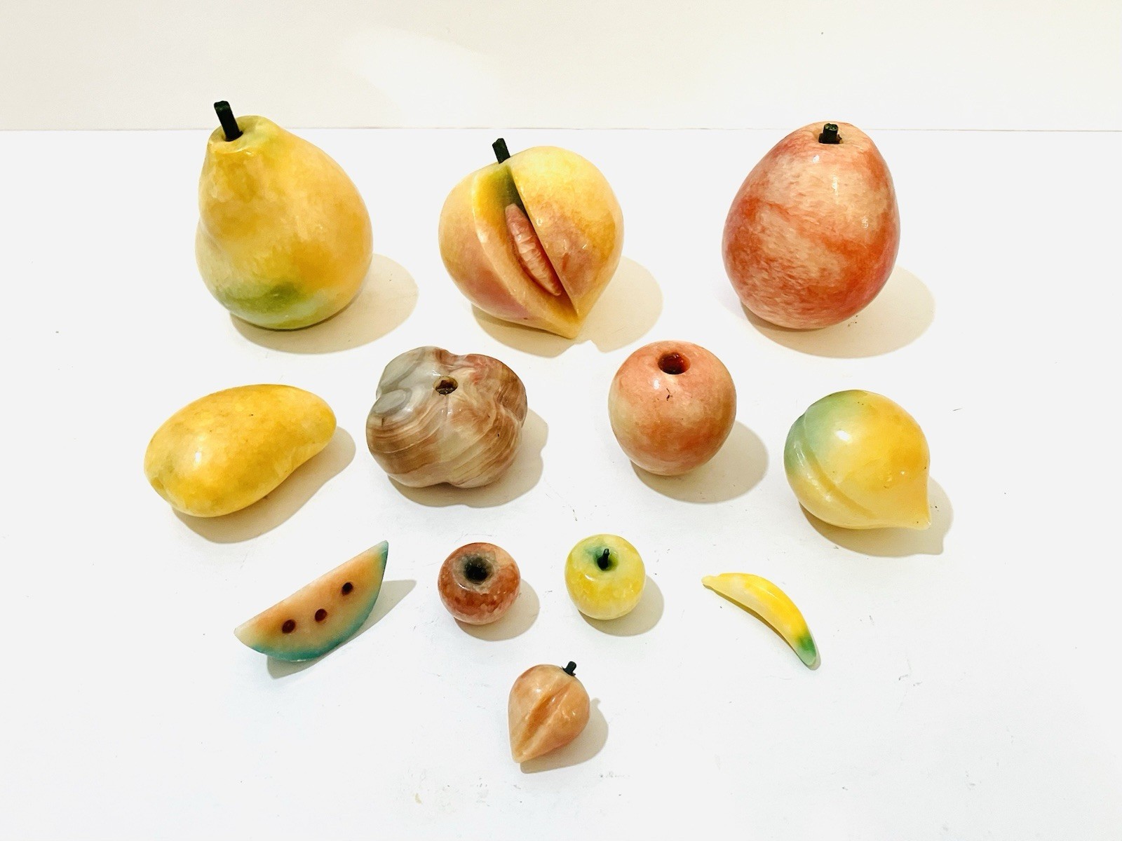 Lot Of 12 Vintage MCM Large & Small Hand Carved Stone Alabaster Marble Fruit