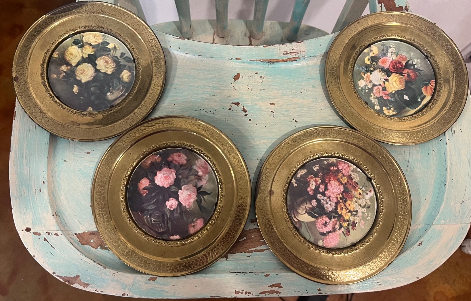Set of 4 Vintage England Wall Plates Brass Frames with Foil Cottages Pictures