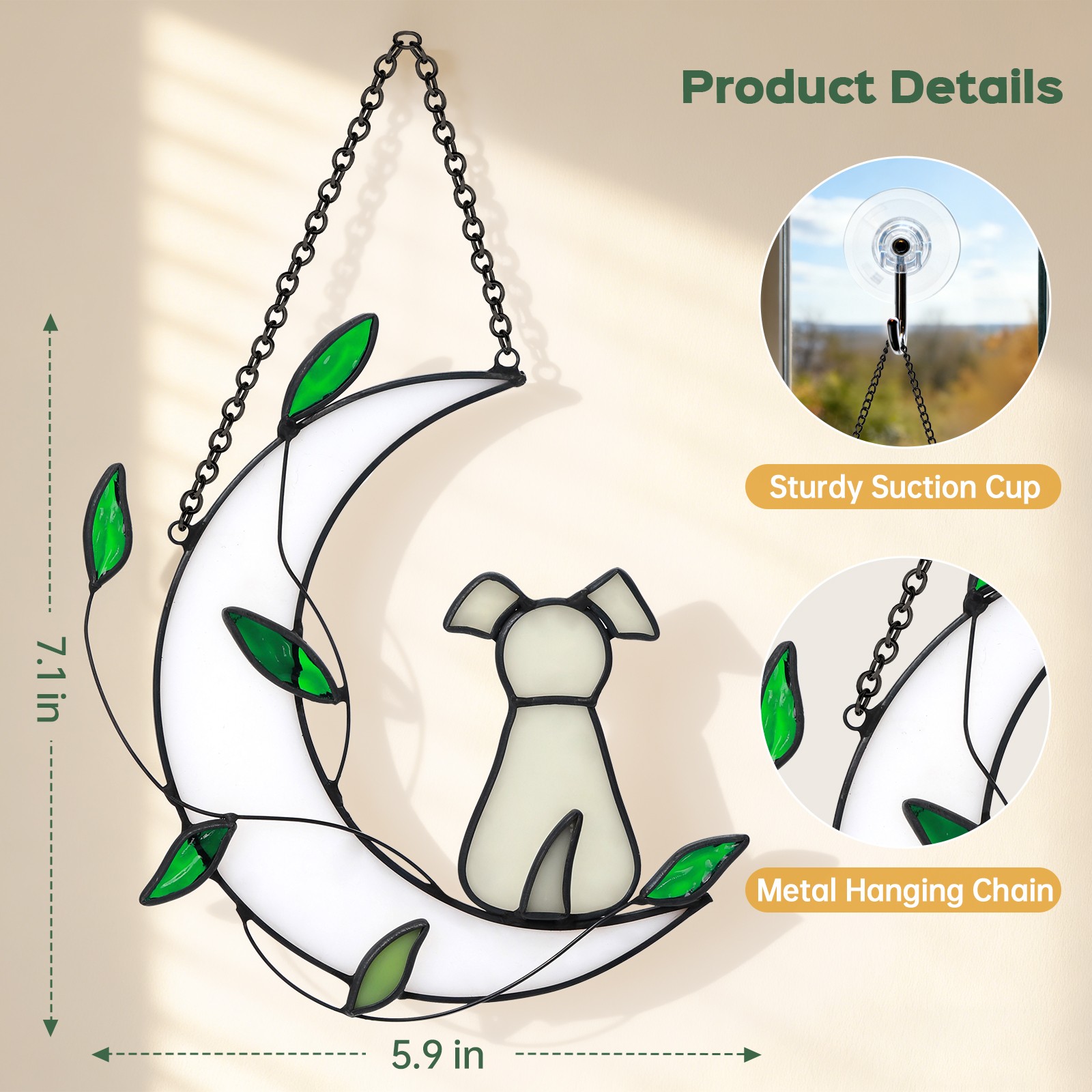 Green Leaf Dog Sunlight Catcher – Moon-Inspired Outdoor Window Hanging Gift