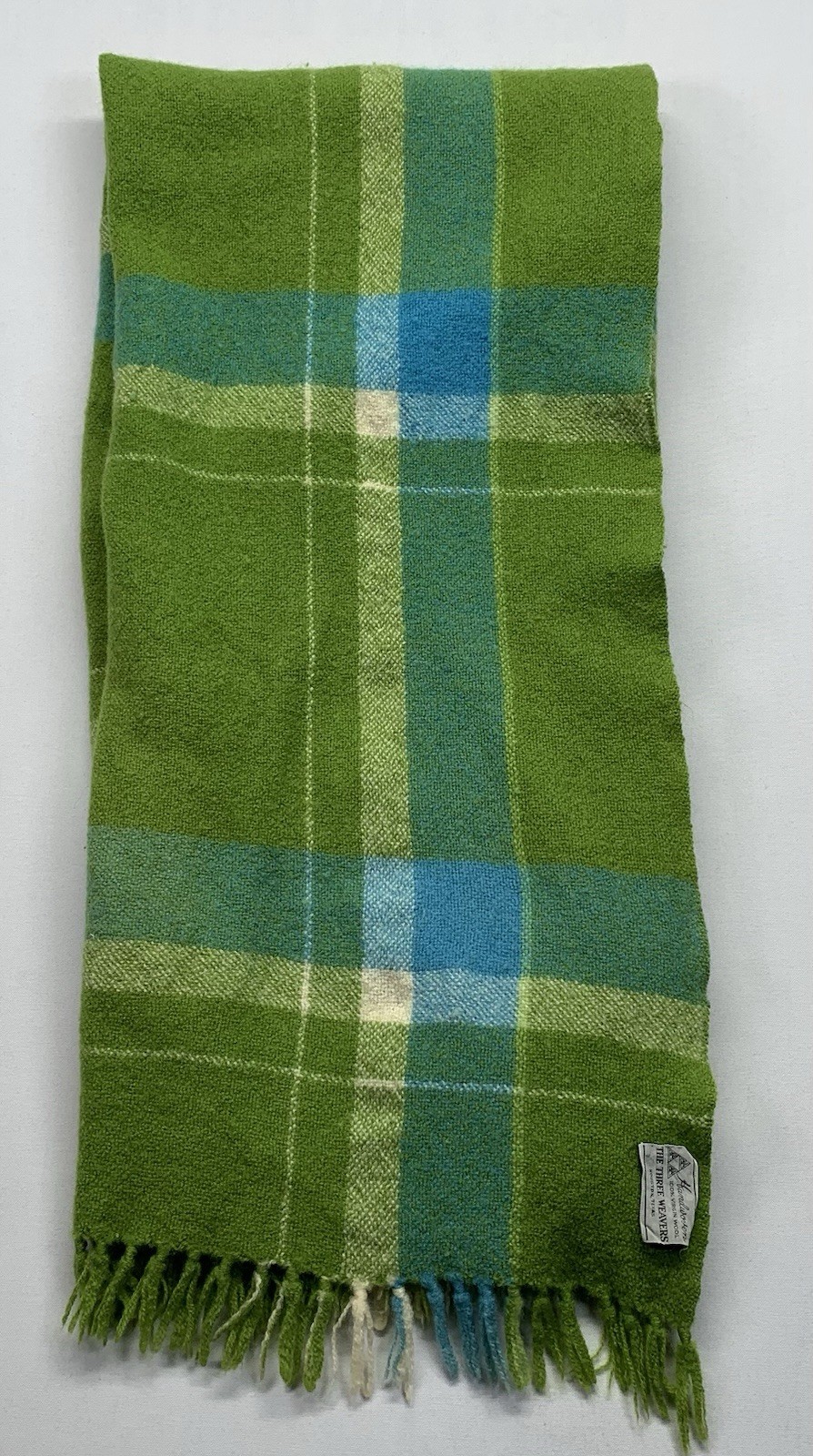 The Three Weavers Handwoven Virgin Wool Throw Blanket ‘70’s Green Plaid Fringe