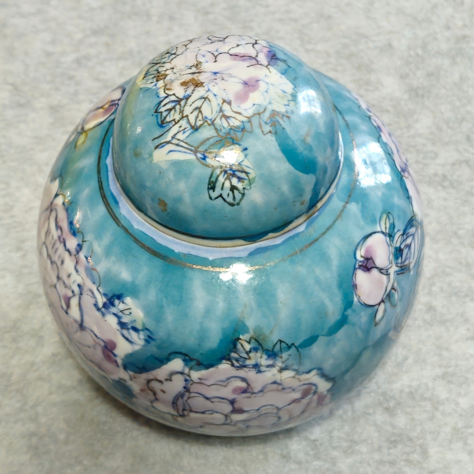 Unbranded Home Turquoise Blue Peony Floral Ceramic Ginger Jar Tea Caddy 4in