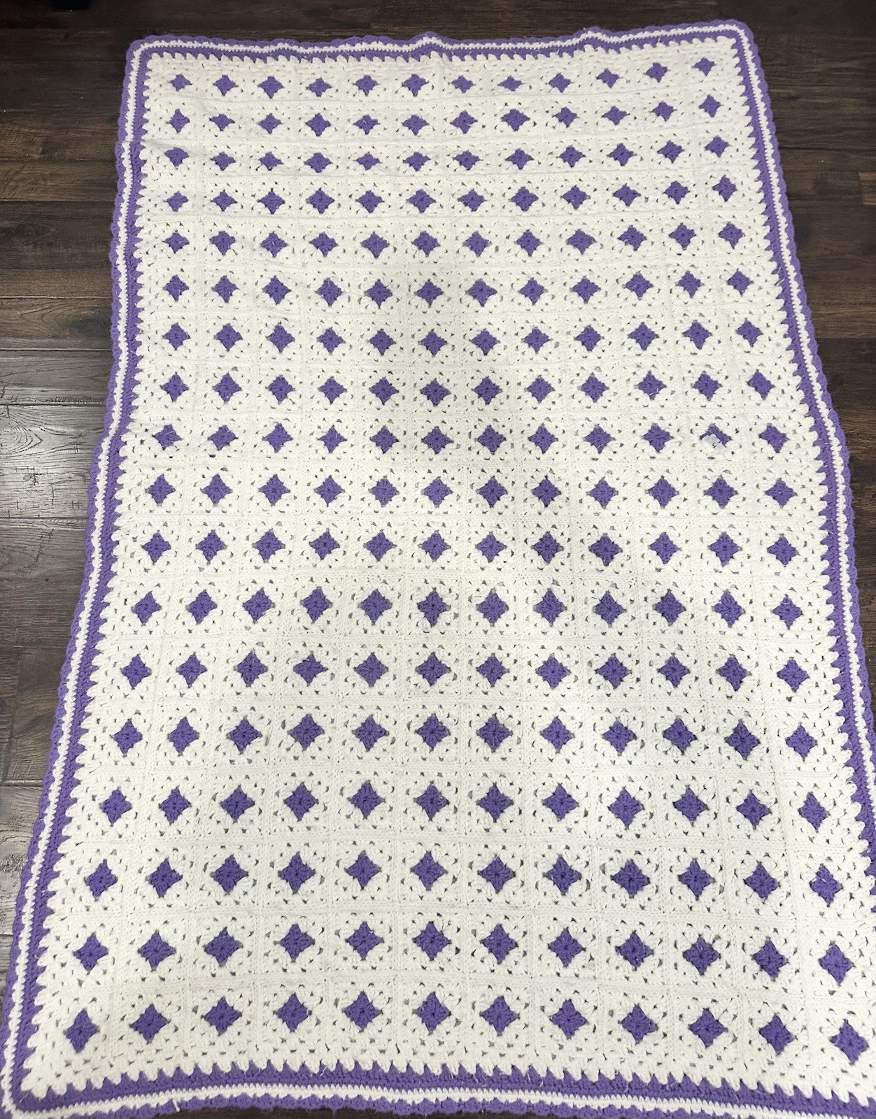 Handmade Crochet Granny Square Blanket Purple White 65×45 Throw Afghan
