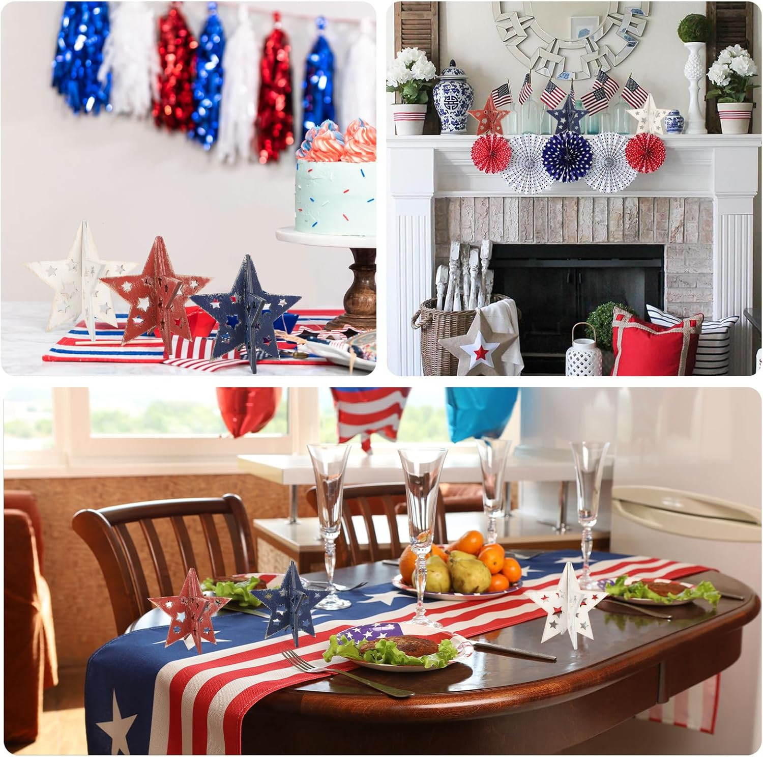 6 Inch Labor Day Decorations Wooden Stars Set, Vintage 3D Star Memorial Day Tier