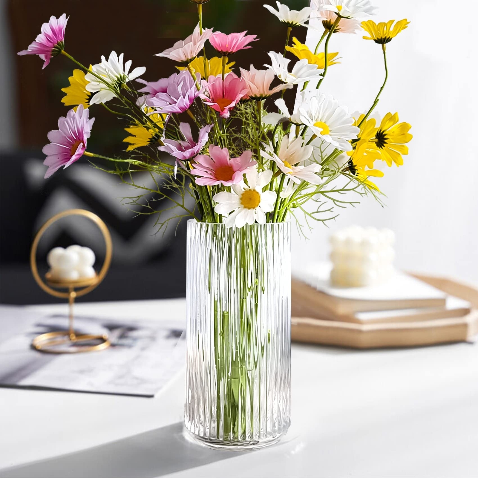 Muyan 9.8″ Flower Vase for Decor Ribbed Glass Vase Modern for Centerpieces De…