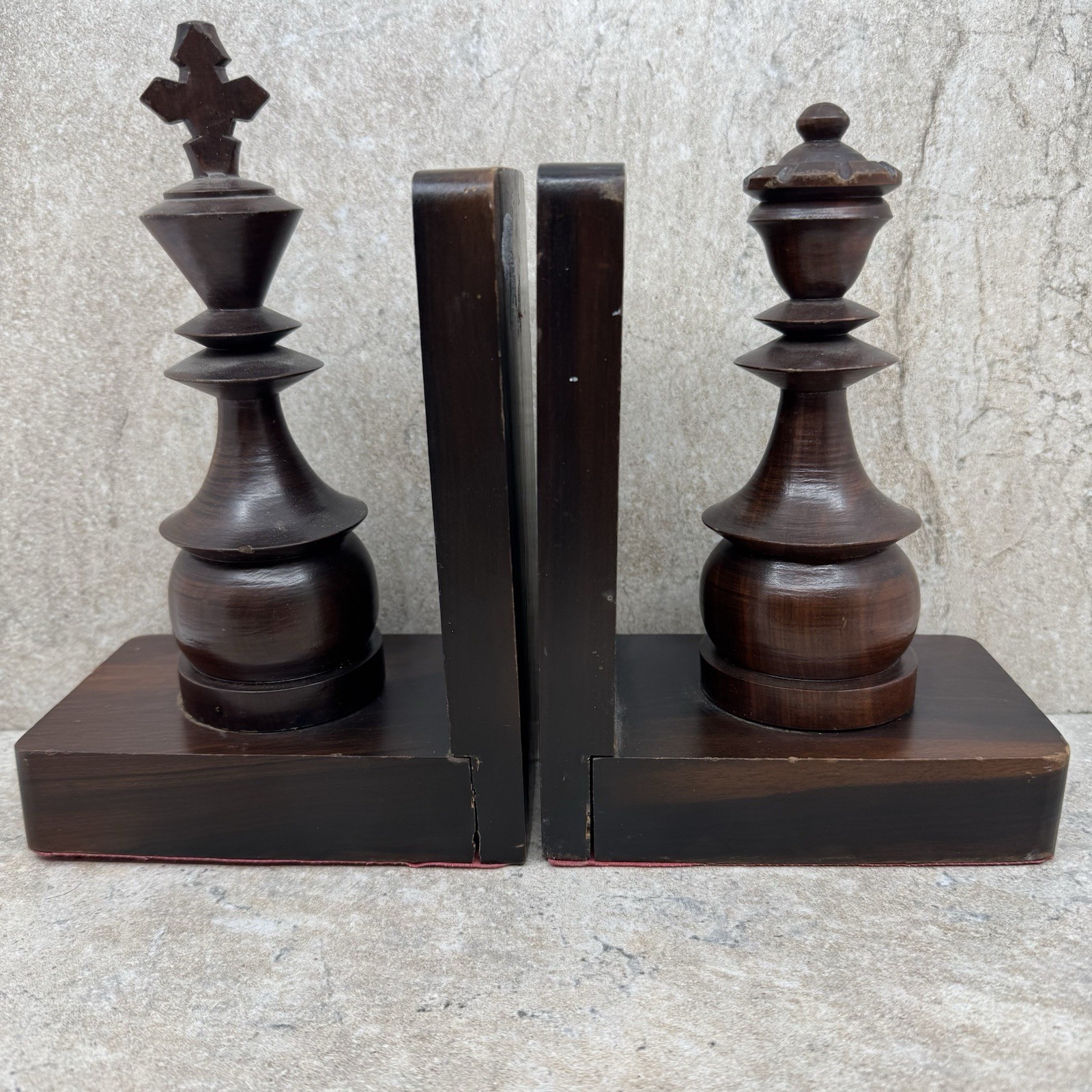 Vintage Mid-Century Mahogany Chess Piece Bookends – King & Queen Pair RARE HTF