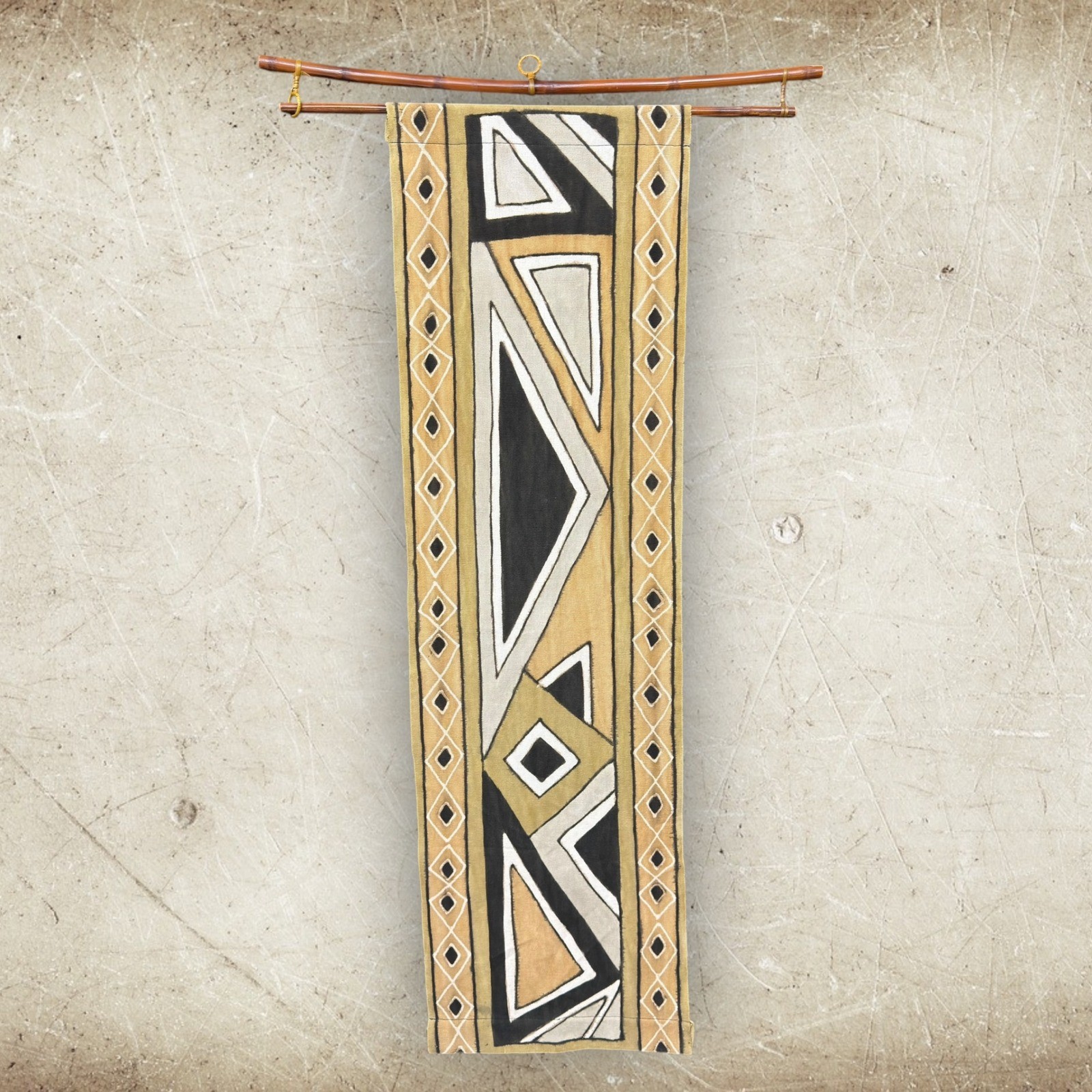 African Mud Cloth Wall Hanging Geometric Hand Painted Textile Art w/ Bamboo Rod