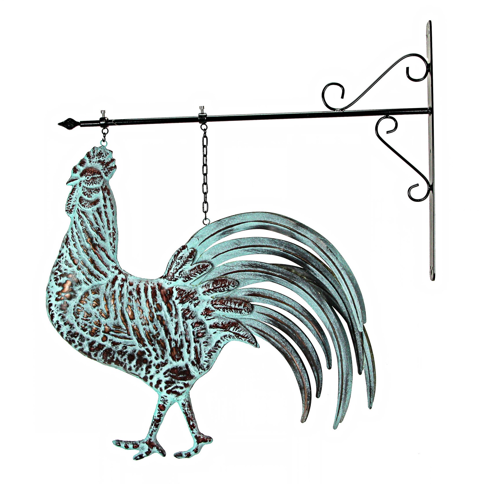 33.5 inch Verdigris Rooster Hanging Metal Wall Sculpture with Wall Bracket