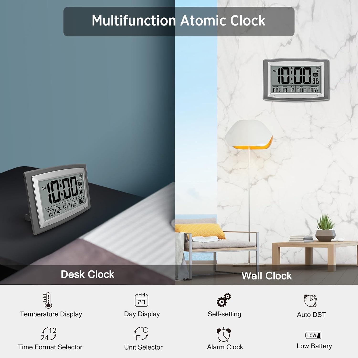 WallarGe Atomic Clock with Outdoor and Indoor Temperature – 12.5 Inch Self-Setti