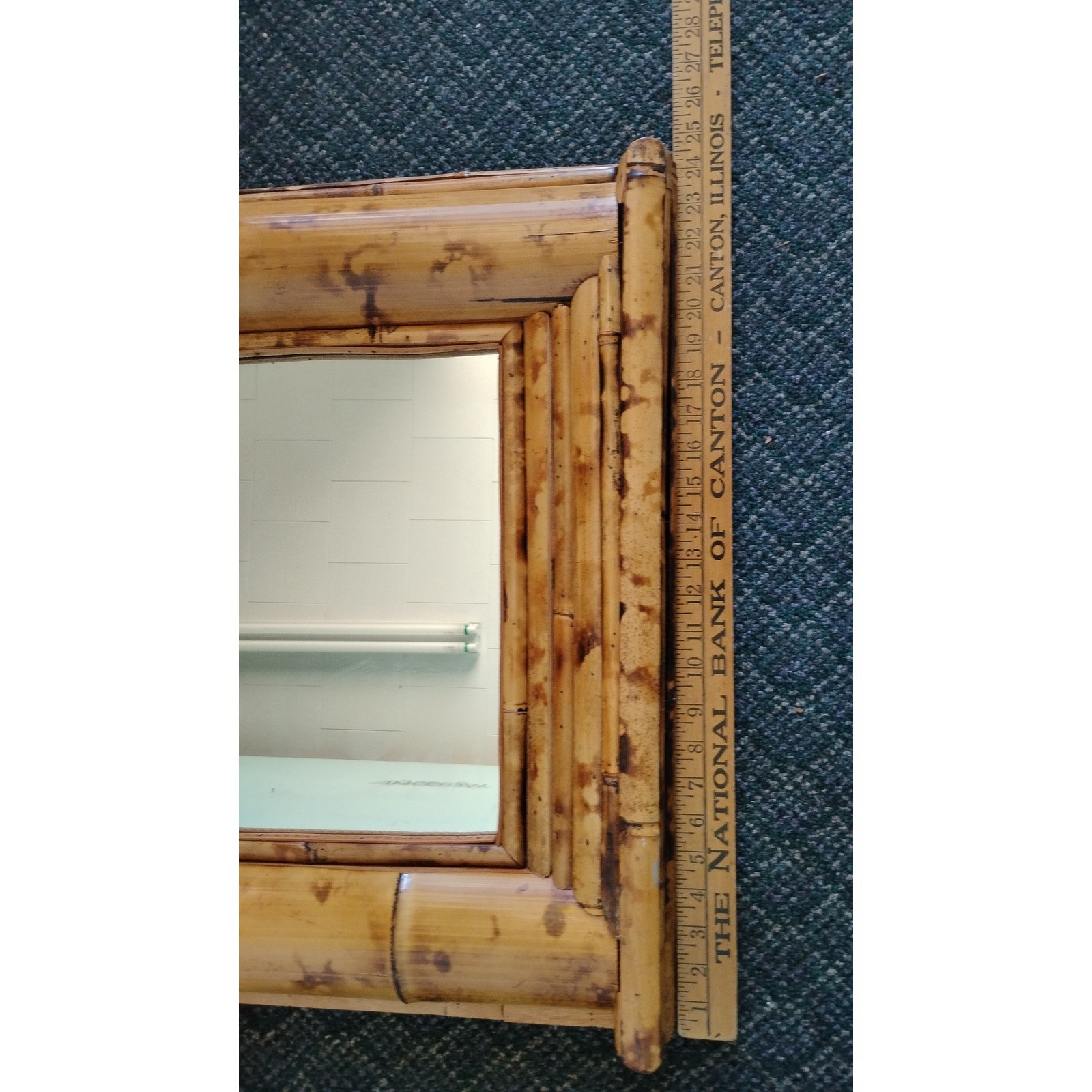 Burnt Split Bamboo Wall Mirror Pediment Top Boho 32×25 Tiki 60s Unique Large
