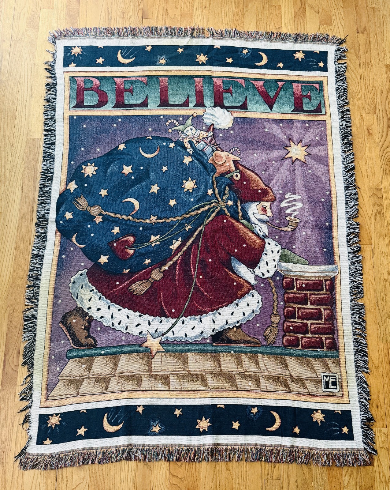 VTG SANTA CLAUS CHRISTMAS THROW BLANKET MARY ENGELBREIT BELIEVE Tapestry 51×72