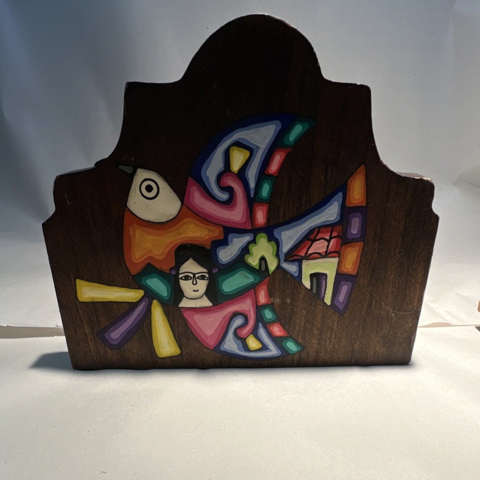 Hand Painted Wood Folk Art napkin holder, Brown Multicolor, 5.75”x 2.5”