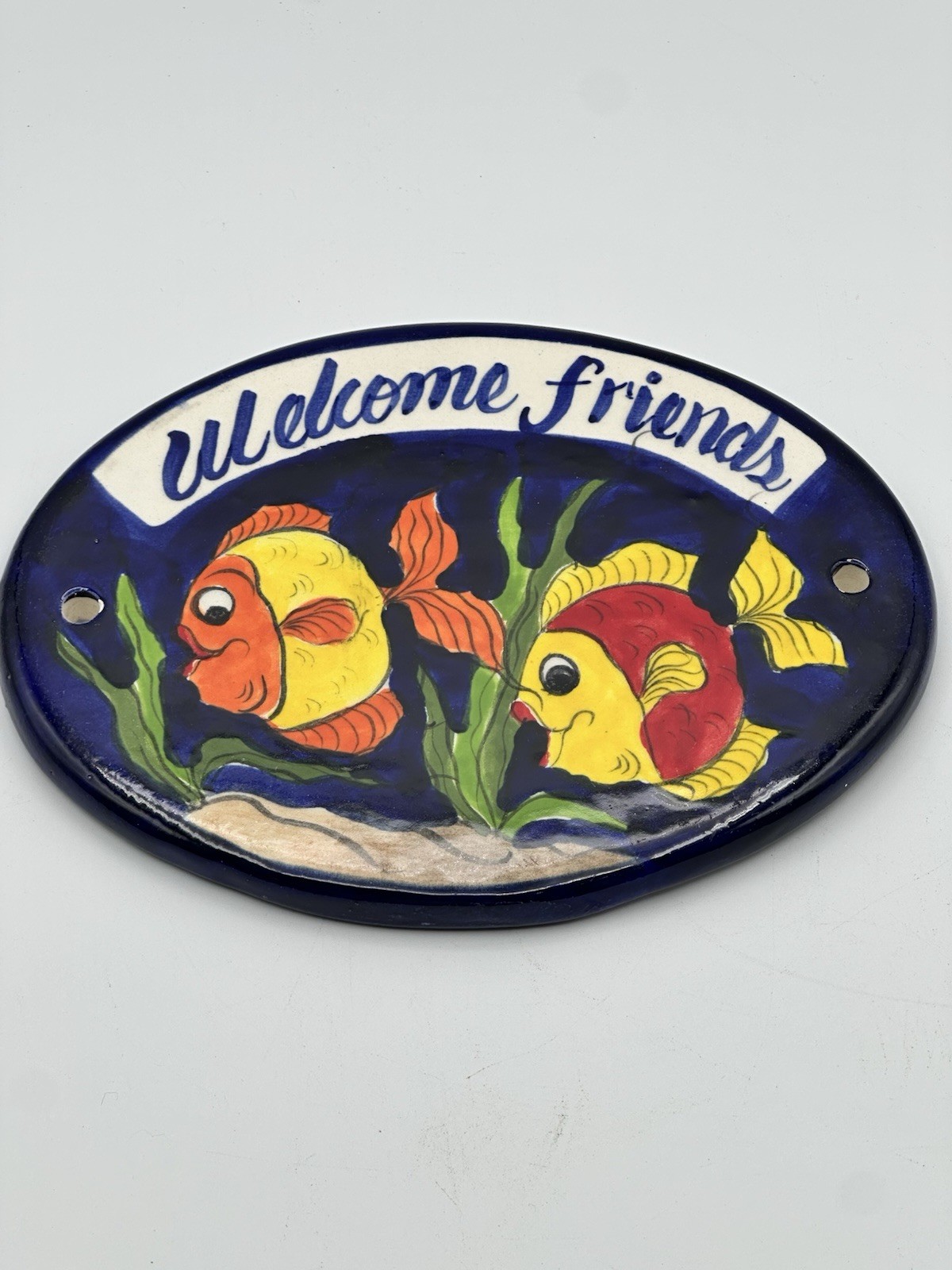 Welcome Friends Tile Hand Painted Fish Scene Oval